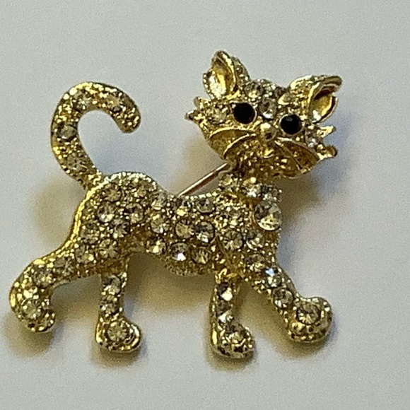Gold Tone Rhinestone Cat Brooch - Picture 8 of 8